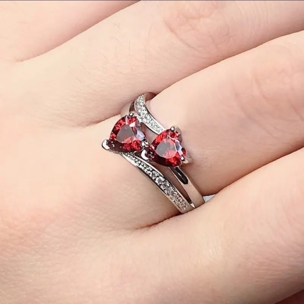NewRed Women's Elegant Double Heart Zircon Wedding Party Ring various sizes